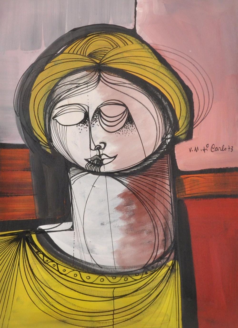 Vittorio Maria DiCarlo comparable auction result: vittorio maria di carlo 1937 39 2015 italian figura study of a young girl oil on canvas signed and dated 73 and inscribed on a label on reverse 27 5 x 19 5