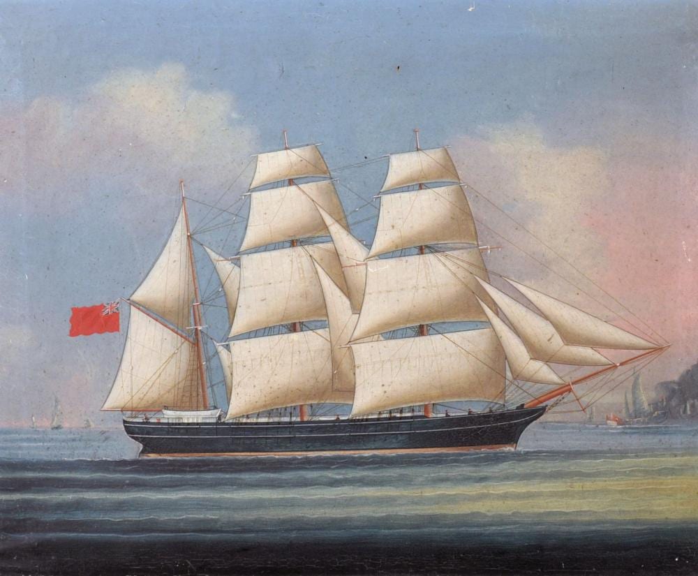 Lai Fong comparable auction result: lai fong act c 1870 c 1910 chinese ulswater a three mast sailing ship in chinese waters oil on linen extensively inscribed on a label on reverse 13 x 16