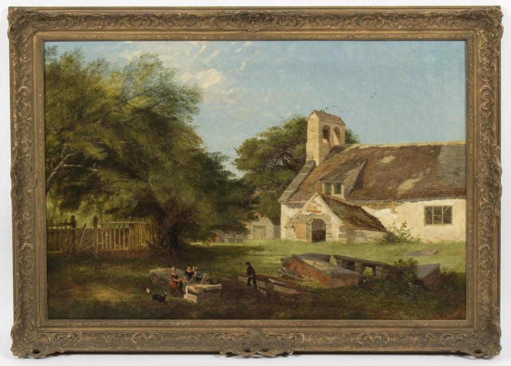 Henry Jutsum comparable auction result: henry jutsum british 1816 1869 the churchyard caerhun oil on canvas 63cm x 93cm provenance sotheby s belgravia 20 6 1972 lot 25