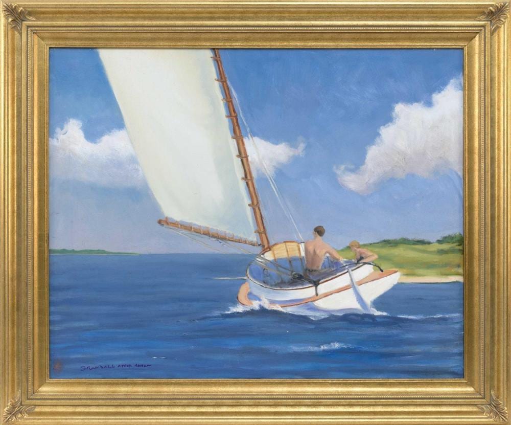 SUSAN RANDALL, Massachusetts, b. 1958, Catboat, after Edward Hopper., Oil on canvas, 24" x 30". Framed 30.5" x 36". sold by Eldred's, lot 126 — auction record photograph