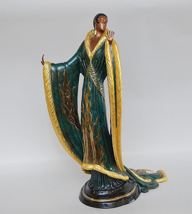 ERTE ART DECO BRONZE SCULPTURE "DREAM BIRDS" Depicting two women standing on a stepped plinth, the figures draped in long gowns patinated in shades of magenta and gold. Impressed to the base 371/500 C. 1990 Seven Arts, London" and "Erte" to the top sold by Bill Hood & Sons Arts & Antiques Auctions, lot 182 — auction record photograph