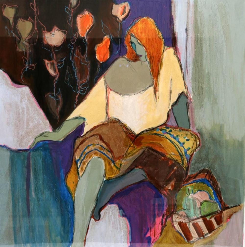 Colorful portrait of a woman with red hair leaning forward while people in the background appear as abstract faces and figures.