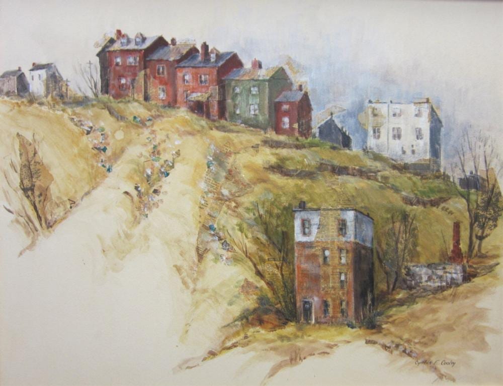 Cynthia F. Cooley comparable auction result: cynthia f cooley b 1931 collage painting of a pittsburgh hillside neighborhoods 22 x 28 titled on reverse best view in town