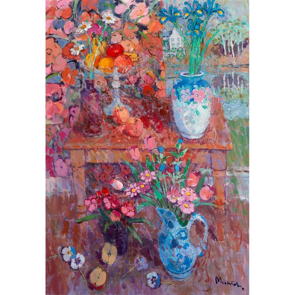 Donald Manson comparable auction result: donald manson scottish b 1948 irises with a late summer landscape 100cm x 70cm 39 25in x 27 5in