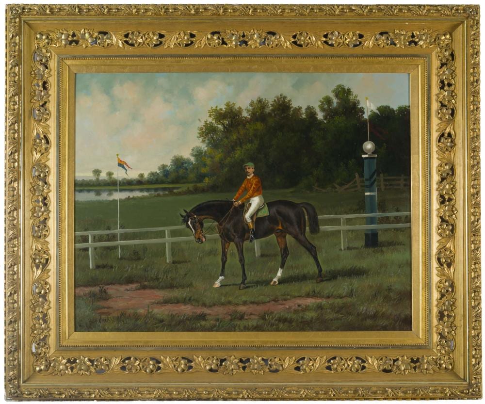 Henry H. Cross comparable auction result: henry h cross american 1837 1918 dark bay racehorse with a jockey up on a track by a starting pole 1892