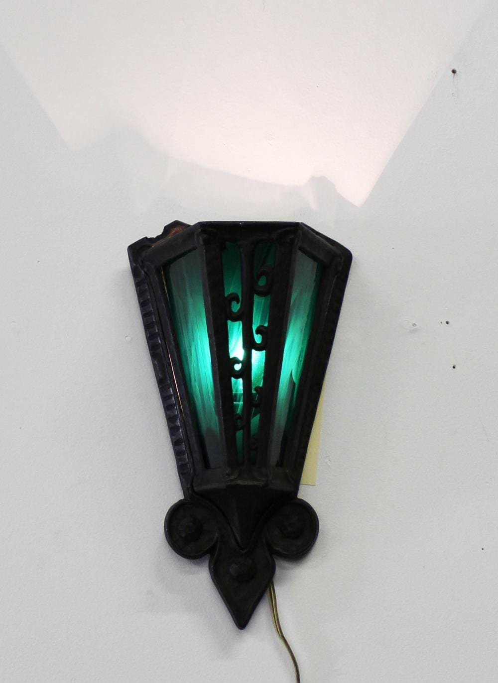 Arthur Nelson Green comparable auction result: art deco iron and green slag glass wall sconce