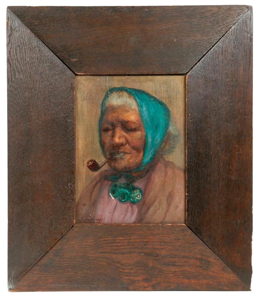 Small painted portrait of an older woman wearing a teal headscarf and holding a pipe, framed in a wooden shadowbox-style case.