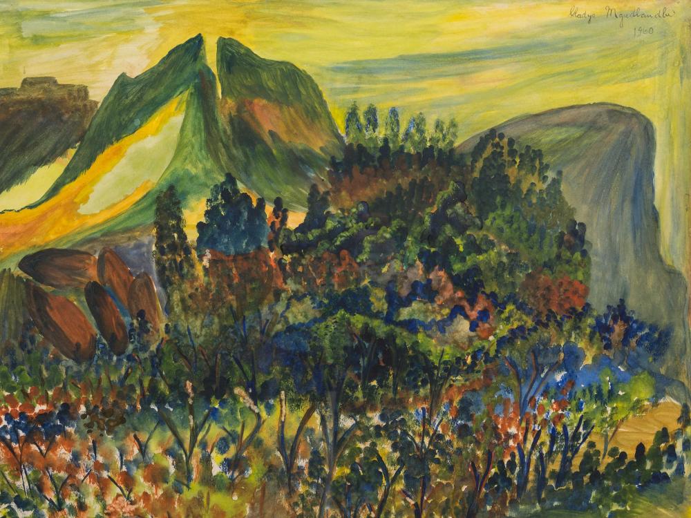 Gladys Mgudlandlu comparable auction result: gladys mgudlandlu sa 1925 1979 acrylic on paper mountain landscape with trees flowers signed dated 1960 50 x 64