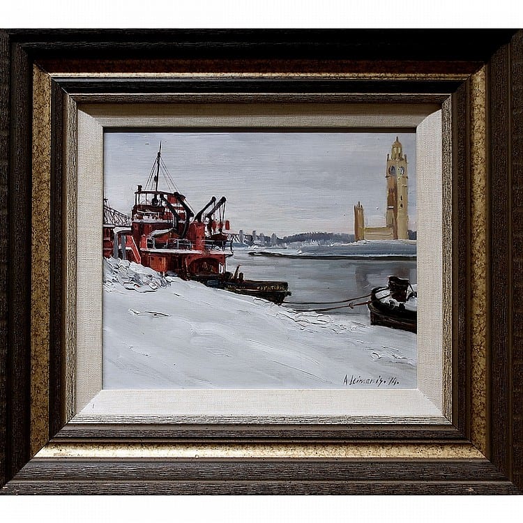 Andris Leimanis comparable auction result: andris leimanis canadian 1938 tugboats in the harbour oil on masonite signed and dated 74 lower right sitned titled and dated 74 verso 10 x 12 in 25 4 x 30 5 cm