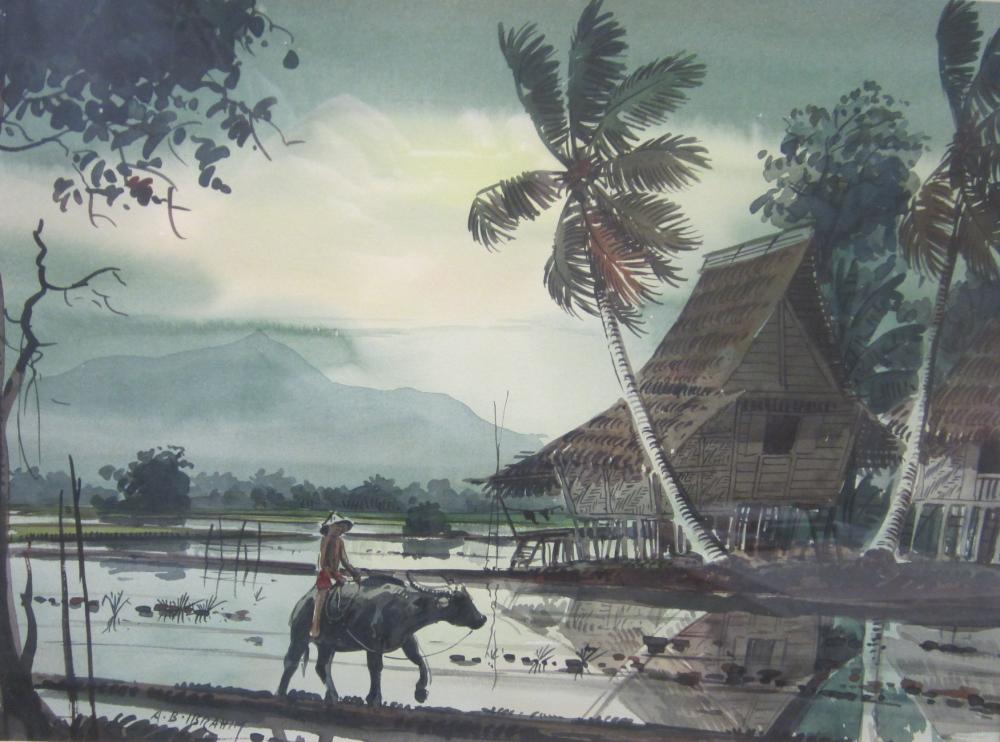 Abu Baker Ibrahim comparable auction result: abu baker ibrahim 1925 1977 watercolor painting kampong traditional houses and figure on a water buffalo signed lower right ca 1960 s image area 14 75 x 10 75