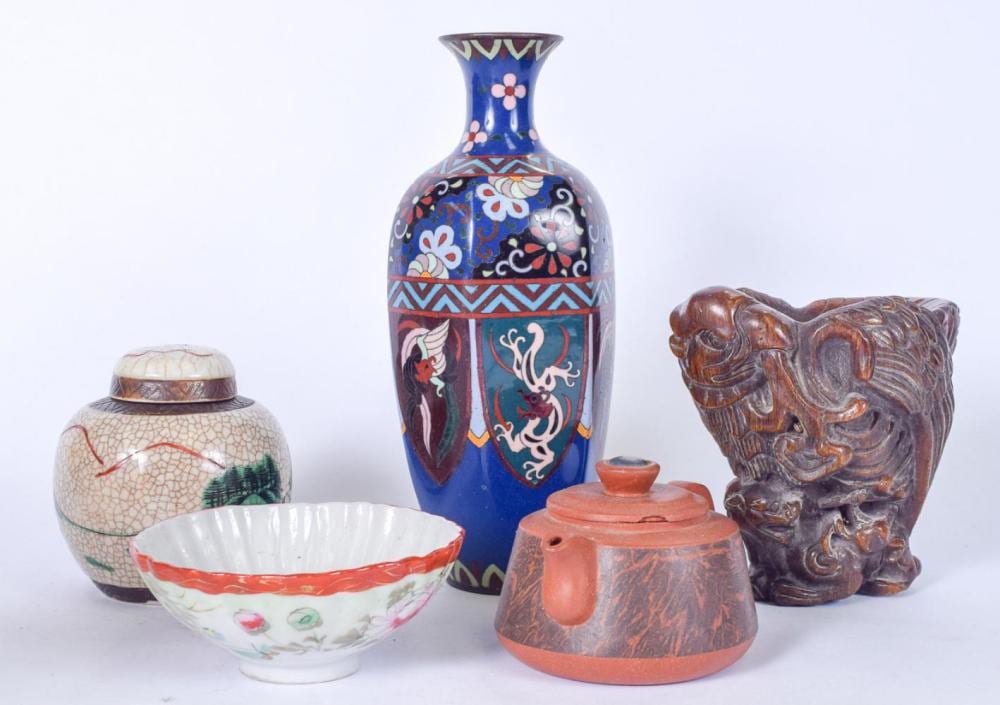 A CHINESE FAMILLE VERTE GINGER JAR, together with a libation cup, Japanese cloisonné vase, Yixing tea pot and a bowl. (5) sold by Hannam's Auctioneers, lot 2168 — auction record photograph