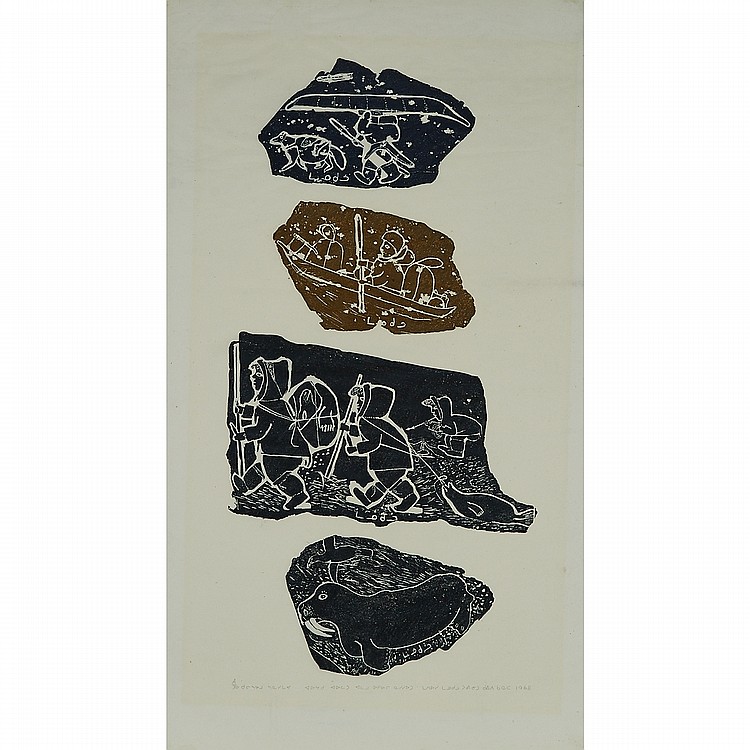 Matiusie Iyaituk comparable auction result: matiusie iyaituk 1950 summer and winter stonecut framed 33 x 18 5 in 83 8 x 47 cm