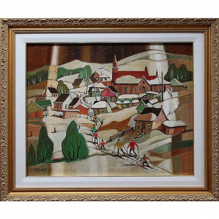 Jean-Guy Desrosiers comparable auction result: jean guy desrosiers canadian 1934 la filee des skyeurs charlevoix oil on masonite signed lower left titled verso 24 x 30 in 61 x 76 2 cm