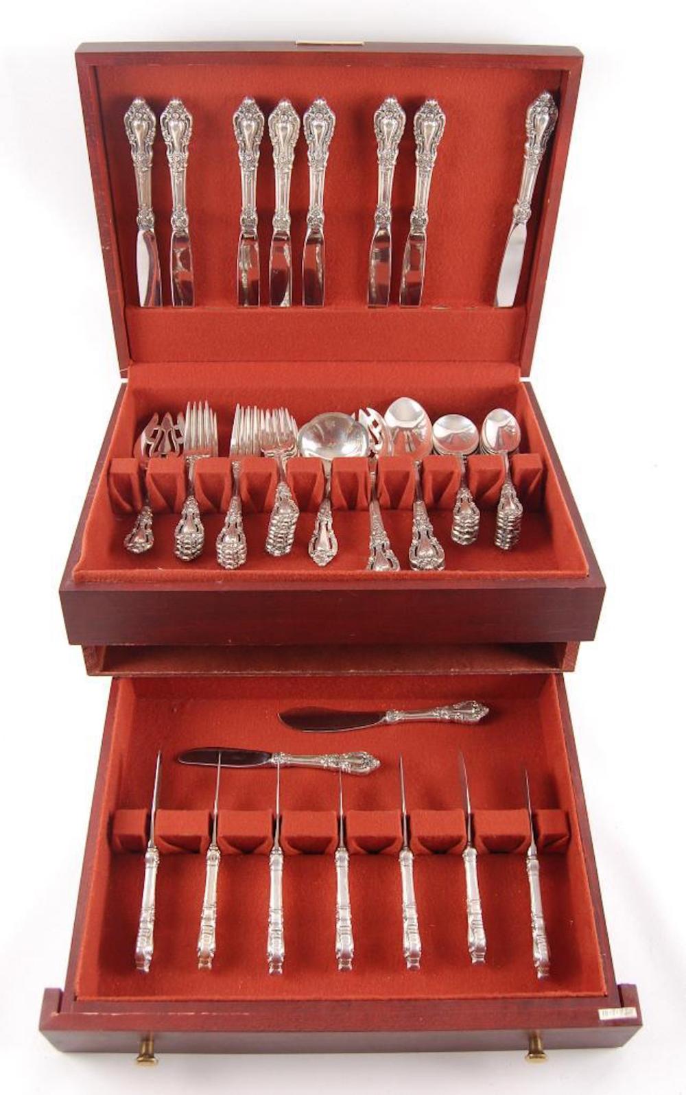 Antique Lunt "Elegance" 52 Piece Sterling Silver Flatware Set with Service for 8 sold by Matthew Bullock Auctioneers, lot 645 — auction record photograph