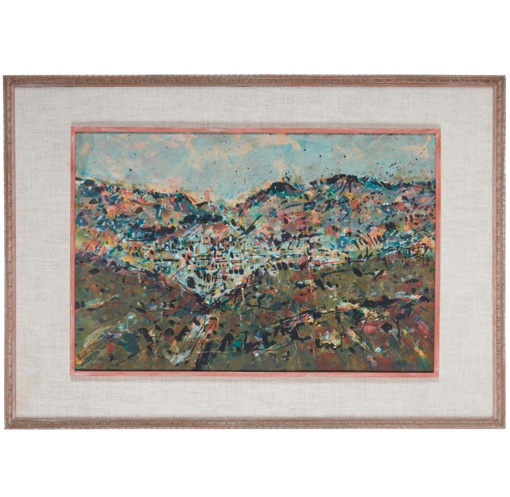 Framed print showing an abstract landscape with layered brush-like marks in teal, green, red, and black.