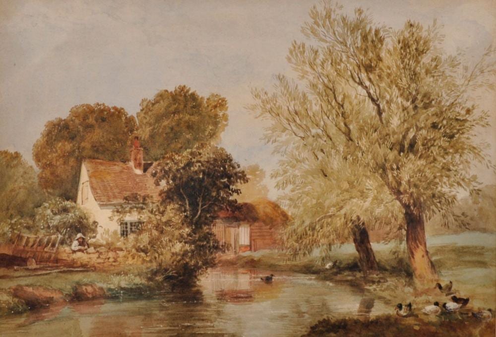 joseph william allen 1803 1852 british a tranquil river landscape with ducks and a figure standing by a cottage in the distance watercolour 8 25 x 11 75 · John Nicholson's Fine Art Auctioneers & Valuers · 2018-09-05 Joseph William Allen comparable auction result: joseph william allen 1803 1852 british a tranquil river landscape with ducks and a figure standing by a cottage in the distance watercolour 8 25 x 11 75