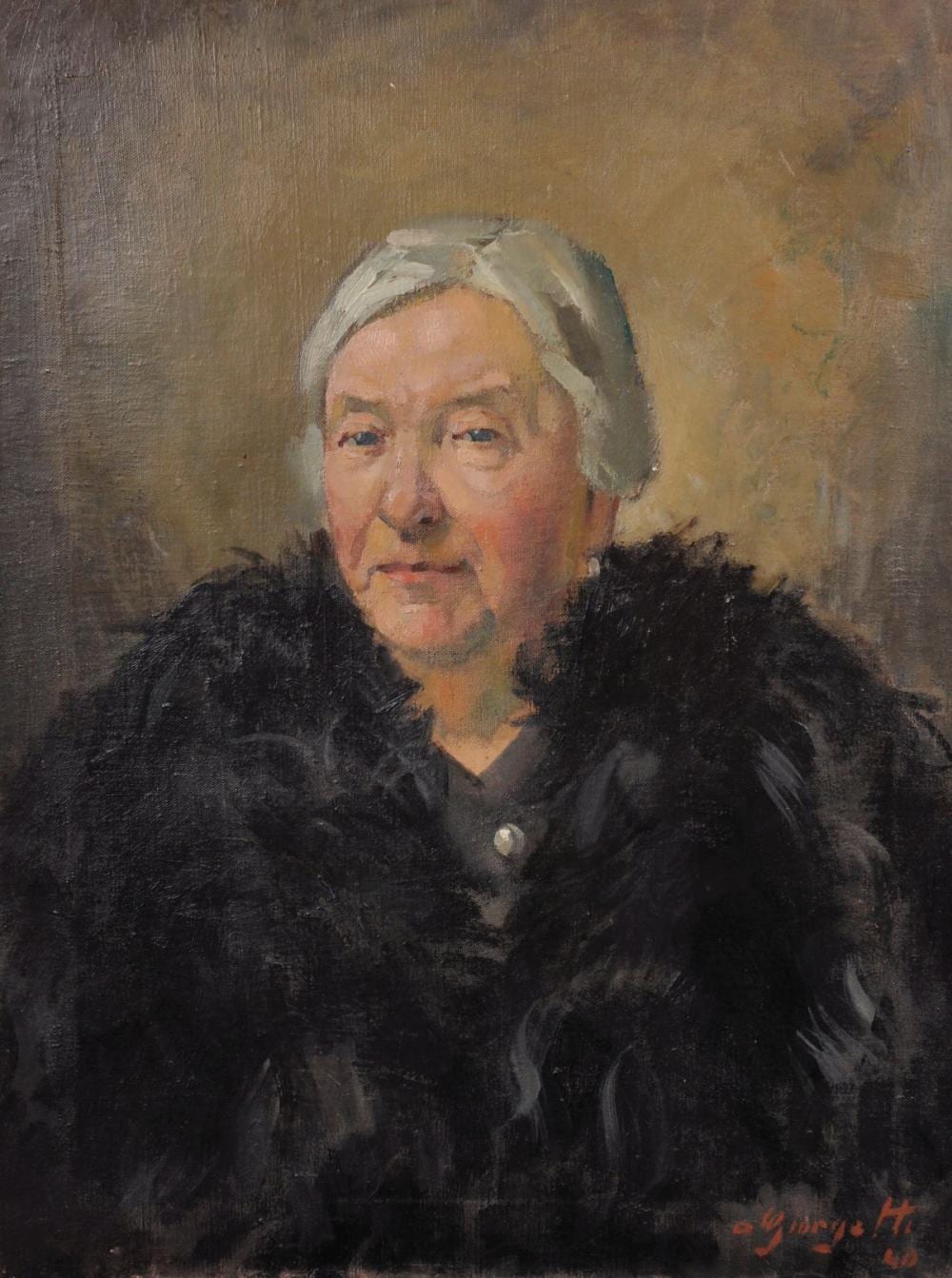 Angelo Giorgetti comparable auction result: angelo giorgetti 1899 1960 italian portrait of a lady wearing a black coat with feathers oil on canvas signed and dated 40 unframed 24 75 x 19