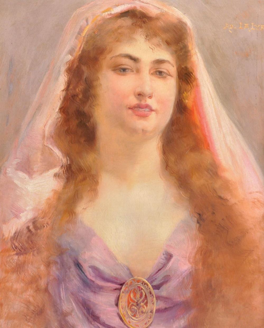 Adolphe Lalire comparable auction result: adolphe la lyre 1848 1933 french a lady wearing a purple dress and pink veil with a gold brooch oil on panel signed 17 x 14