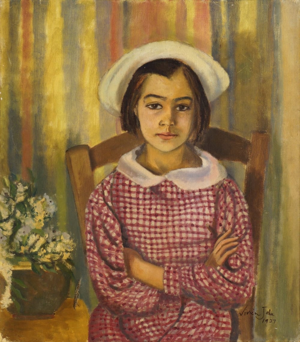vivien john british 1915 1994 portrait of a girl against striped wallpape · Roseberys · 2018-09-26 Vivien John comparable auction result: vivien john british 1915 1994 portrait of a girl against striped wallpape