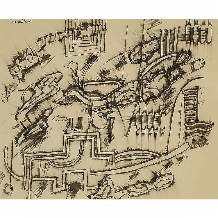 John Meredith comparable auction result: john meredith r c a untitled composition coloured inks 14 ins x 17 ins 35 6 cms x 43 2 cms