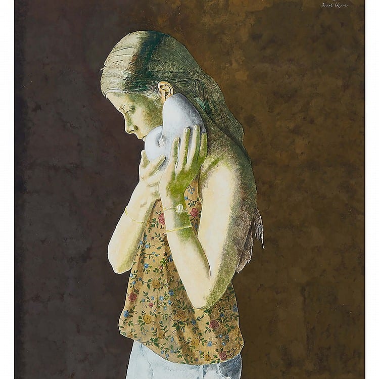 Frederick Joseph Ross comparable auction result: frederick joseph ross r c a girl with shell casein tempera on masonite 28 5 ins x 26 5 ins 63 5 cms x 48 3 cms