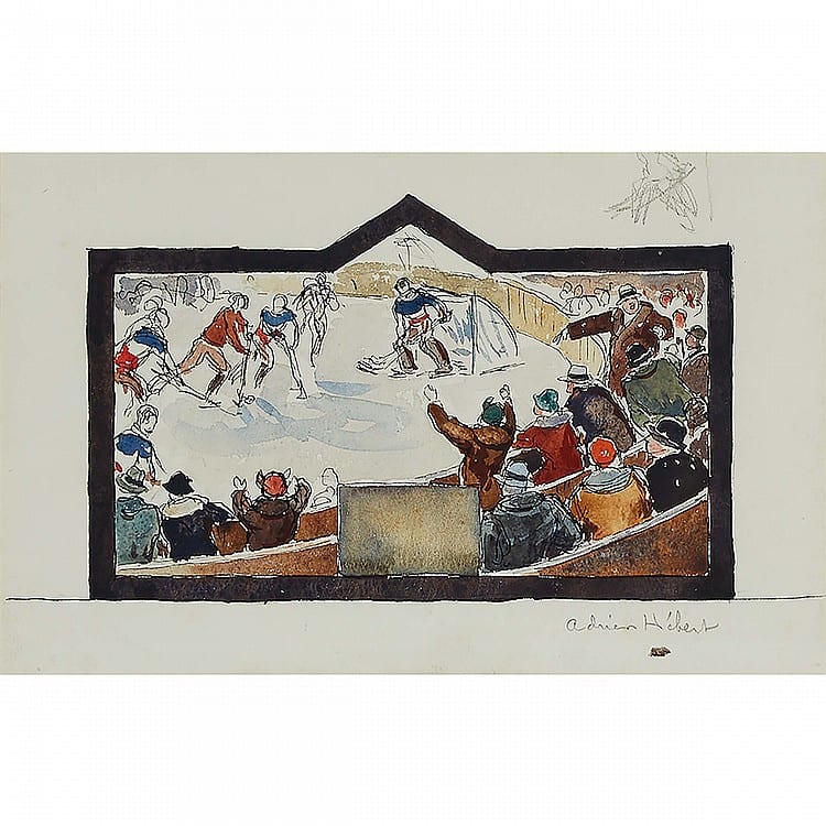 Adrien Hebert comparable auction result: adrien h bert r c a hockey game watercolour and ink on paper sight 7 ins x 11 ins 28 6 cms x 38 1 cms