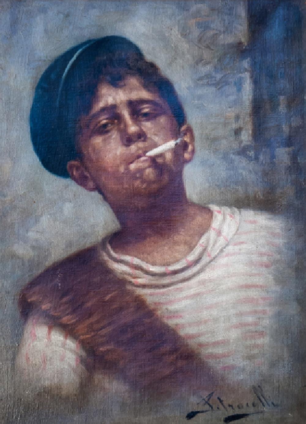 Achille Petrocelli comparable auction result: achille petrocelli boy smoking in blue cap oil painting