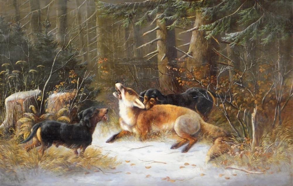 Moritz Muller comparable auction result: moritz muller o c dachshund dog fox hunt painting