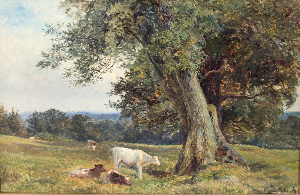 Frederick Whitehead comparable auction result: frederick whitehead british 1853 1938 cattle in a field with trees signed oil on canvas 29cm x 44cm