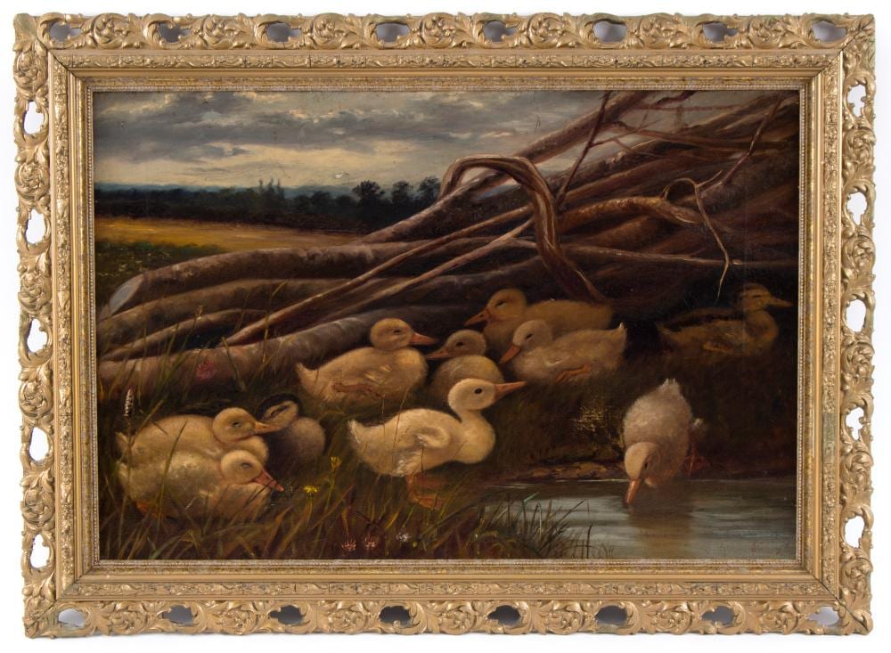 samuel john carter british 1835 1892 ducklings on a riverbank initialled lower right oil on canvas 40cm x 60cm · Chorley's · 2018-09-19 Samuel John Carter comparable auction result: samuel john carter british 1835 1892 ducklings on a riverbank initialled lower right oil on canvas 40cm x 60cm