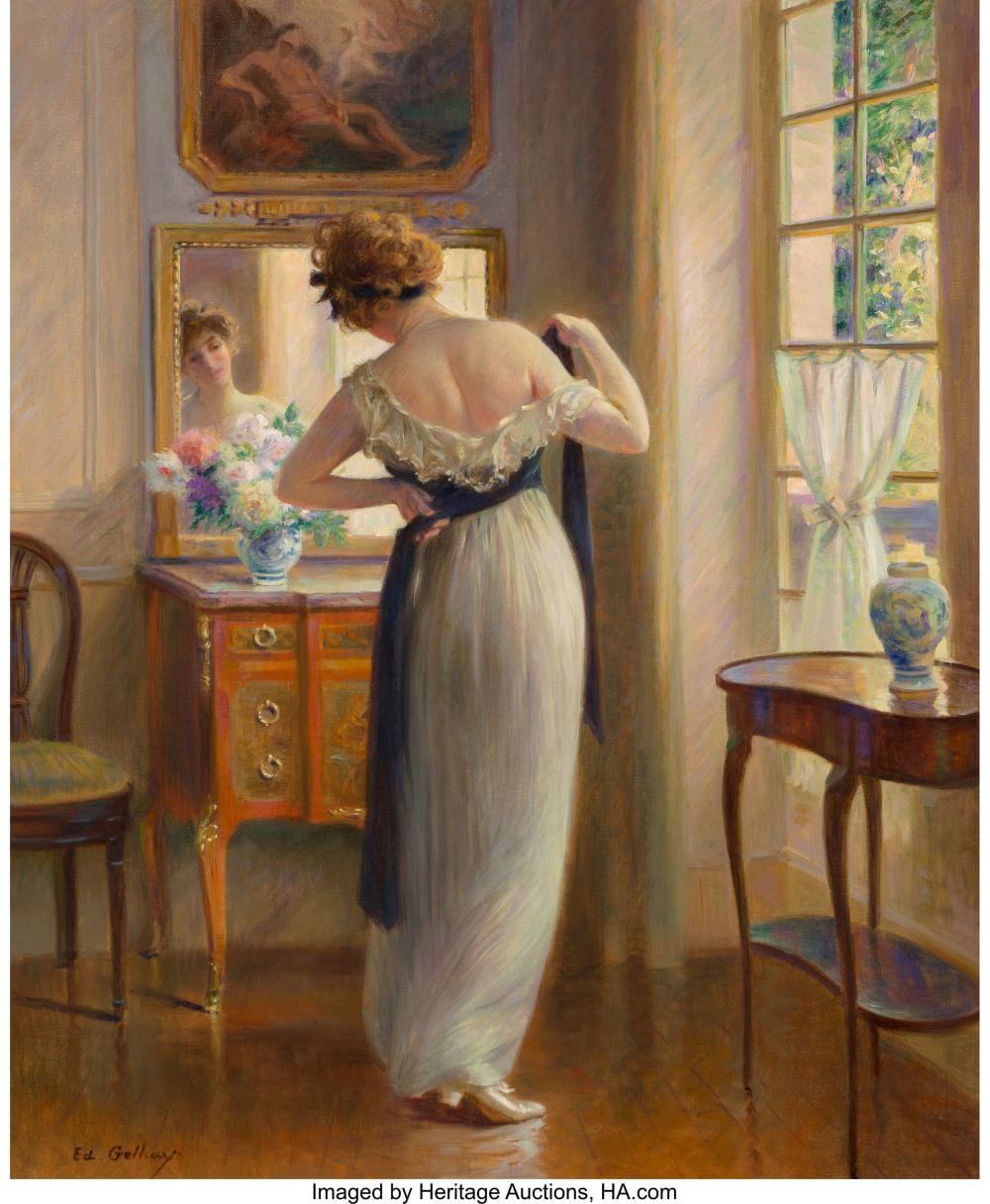 edouard gelhay french 1856 1956 the new dress oil on canvas 25 x 21 1 2 inche · Heritage Auctions · 2018-09-22 Edouard Gelhay comparable auction result: edouard gelhay french 1856 1956 the new dress oil on canvas 25 x 21 1 2 inche