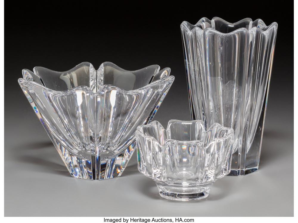 Lazar' Markovic Chidekel' comparable auction result: three orrefors orion and corona pattern crystal hollowware pieces designed by la