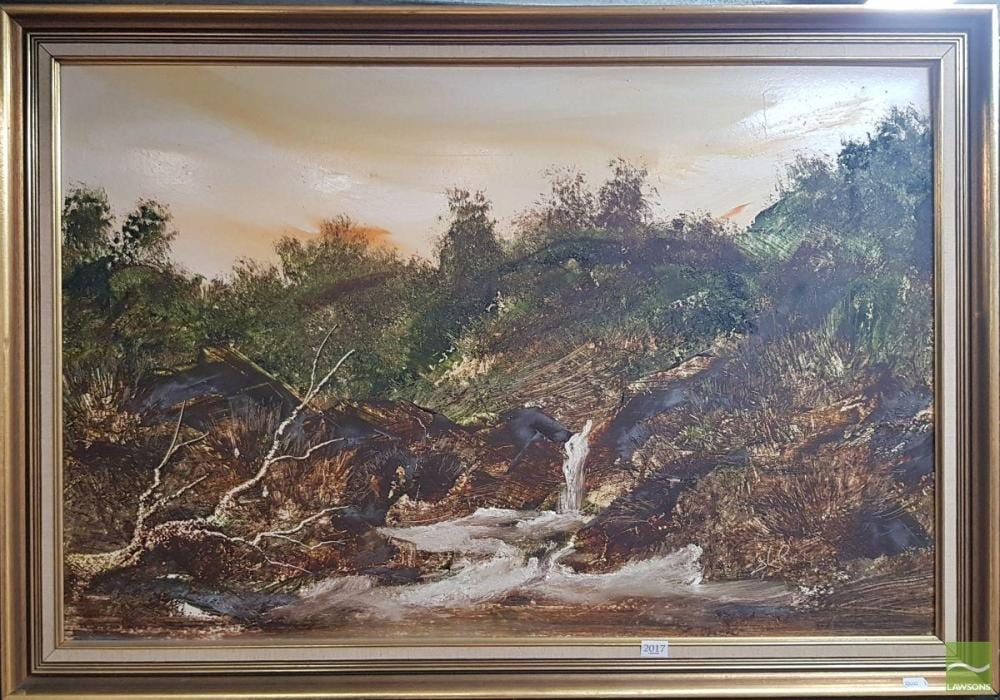 Jim Crofts comparable auction result: jim crofts 1922 waterfalls oil on board signed artist s studio label verso 60x90cm