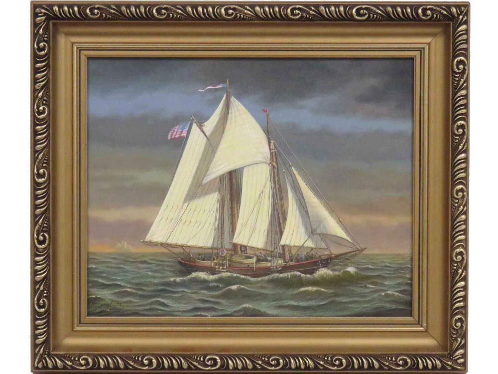 georgina nemethy american 1950 oil on canvas sailing sloop at sea signed 11 x 13 1 2 framed 14 1 2 x 17 · William J Jenack Auctioneers · 2018-09-30 Georgina Nemethy comparable auction result: georgina nemethy american 1950 oil on canvas sailing sloop at sea signed 11 x 13 1 2 framed 14 1 2 x 17