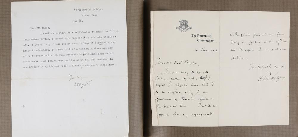 Autograph Album.- Authors & Politicians Autograph album with letters by prominent politicians and authors, mostly addressed to Lord  Noel Buxton, a few letters loosely inserted. Highlights including: H.G. Wells, Y.B. Yeats (typed letter signed reading "I send you a story of mine, thinking it might do for the Independent Review. I am not sure, however, if you take stories at all. If you do not, please let me have it back at once  that I might place it elsewhere. It forms part of a book my sisters are now going to print, and which will probably be published soon after Christmas", 18 October, n.y.), Austen Chamberlain (typed letter saying "the question of giving facilities for the Humane Slaughter Bill would, as you know, not be one for me alone to decide and since, as I pointed out in my previous letter, the time does not yet seem to me to be ripe for such a Bill, I do not think I could press for facilities to be given", 20 July 1927),  Stanley Baldwin, Jan Smuts, Christabel Pankhurst (autograph letter reading in part "Mr Ellis Griffith has promised to speak at our Alton Hall meeting on November 16th. We hope that at every one of our big London meetings in October, November and December a member of Parliament will speak", 31 July 1911), Ramsay Macdonald (typed letter signed on 10 Downing Street official paper, saying "I have been trying to get together a Library at 10 Downing Street[..]It has occurred to me that members of the present and of past Cabinets and Ministries [...] would like to give one of their own books, if they have written any, or some appropriate book to the Library'", May 1931), Gilbert Murray, Oliver Lodge (autograph letter declining an invitation), Edward Carpenter, Lord Rosebery, Arthur Balfour (letter signed  expressing his pleasure in "signing your nomination paper", 28 June 1892), wear to boards, c. 1890s-1920s. sold by Chiswick Auctions, lot 79 — auction record photograph