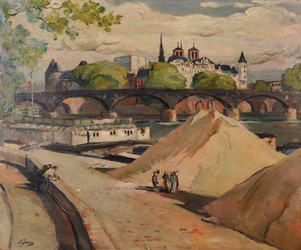 Henri Charles Jonas comparable auction result: henri charles jonas 1878 1944 french figures on a path with a city and a river in the distance oil on canvas signed 25 x 30