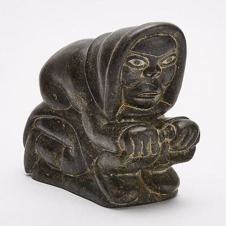 Abraham Pov comparable auction result: abraham pov 1927 1994 woman holding kamik s stone 8 5 x 4 x 9 5 in 21 6 x 10 2 x 24 1 cm