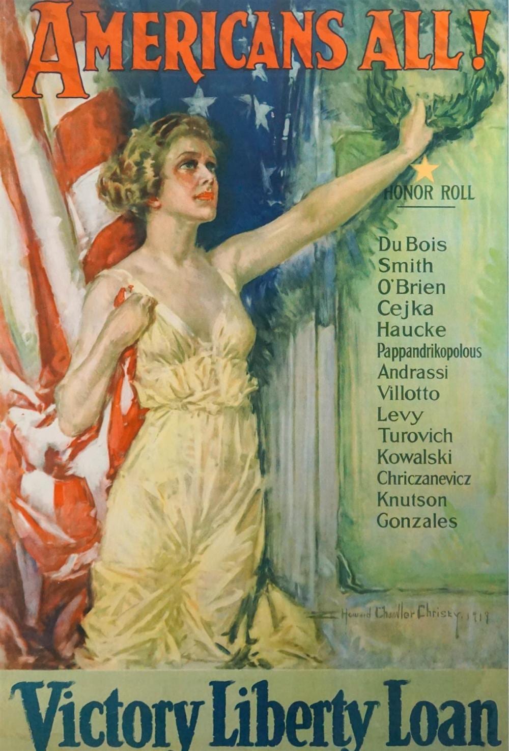 †AFTER HOWARD CHANDLER CHRISTY (AMERICAN, 1872-1952) "AMERICANS ALL" VICTORY LIBERTY LOAN POSTER Lithograph in color: 39 1/2 x 26 1/2.. sold by Potomack Company, lot 2149 — auction record photograph