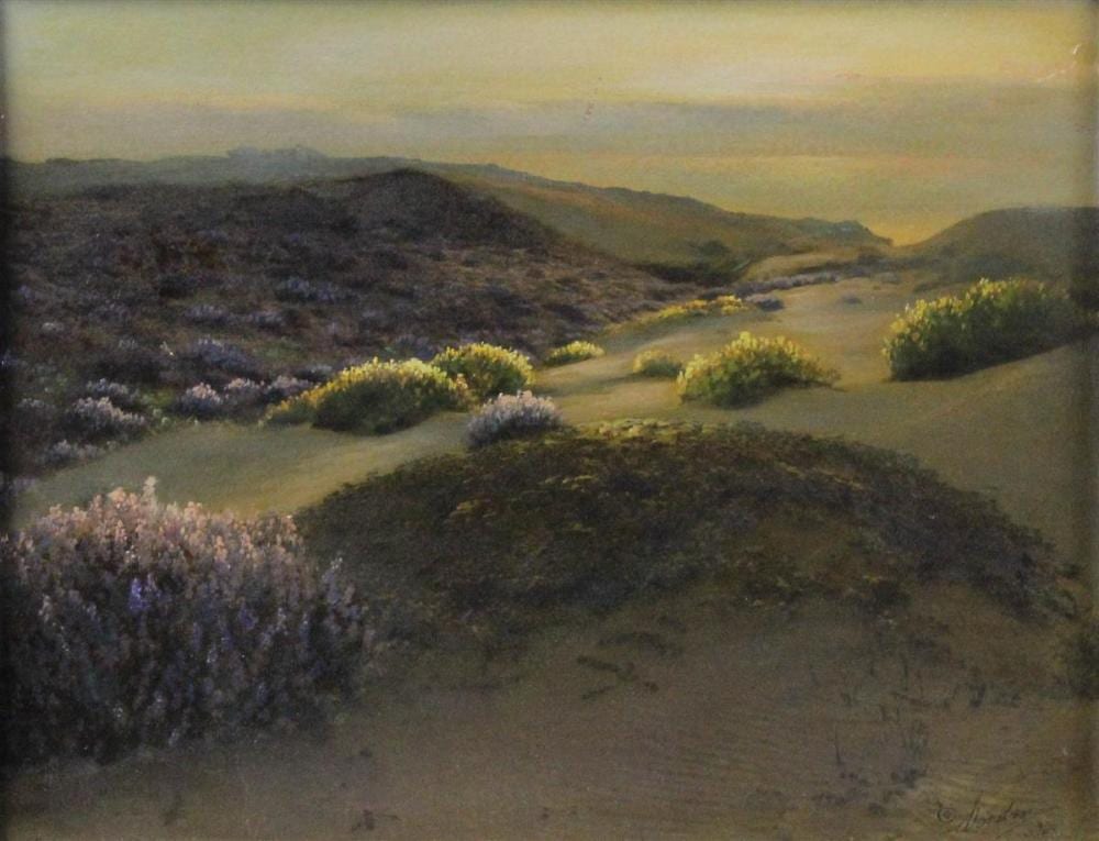 Willard E. Worden comparable auction result: willard e worden american 1868 1946 san francisco coastal scene with dunes and wildflowers oil on canvas 10 x 13 1 4 in