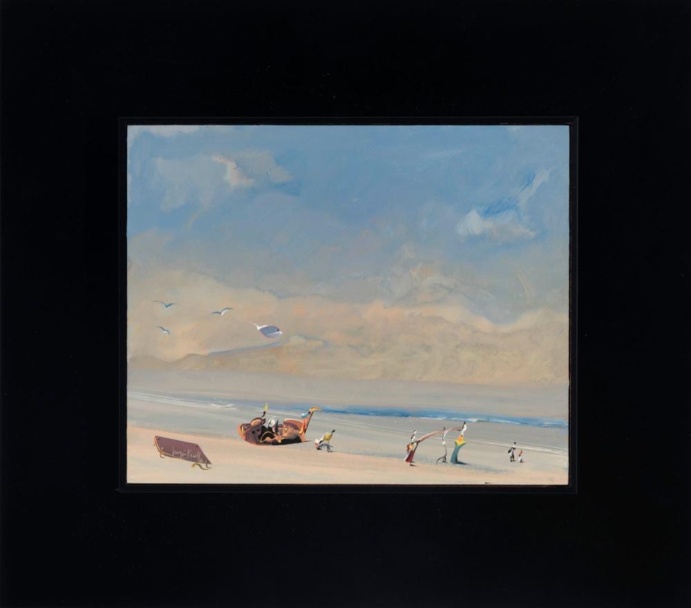 Urbano Lugris Vadillo comparable auction result: urbano lugris vadillo vigo 1942 playa con personajes surrealistas oleo sobre tablex de 22 x 27 cm firmado