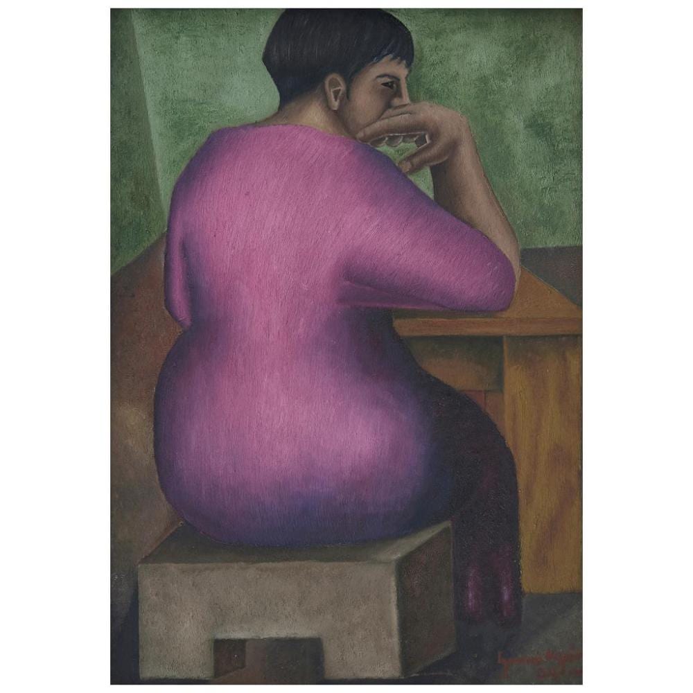 Ignacio Aguirre comparable auction result: ignacio aguirre mujer en vestido morado signed and dated 34 oil on wood 50 x 34 cm