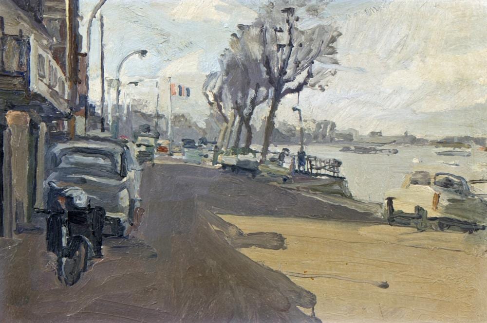 Dick Lee comparable auction result: dick lee rhodesian 1923 2001 putney march oil on board 17cm x 26cm