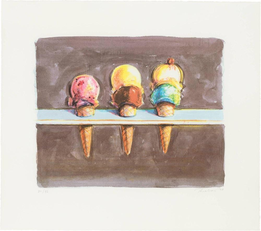 Color lithograph print showing five ice-cream cones in purple, green, yellow, and pink against a dark background.