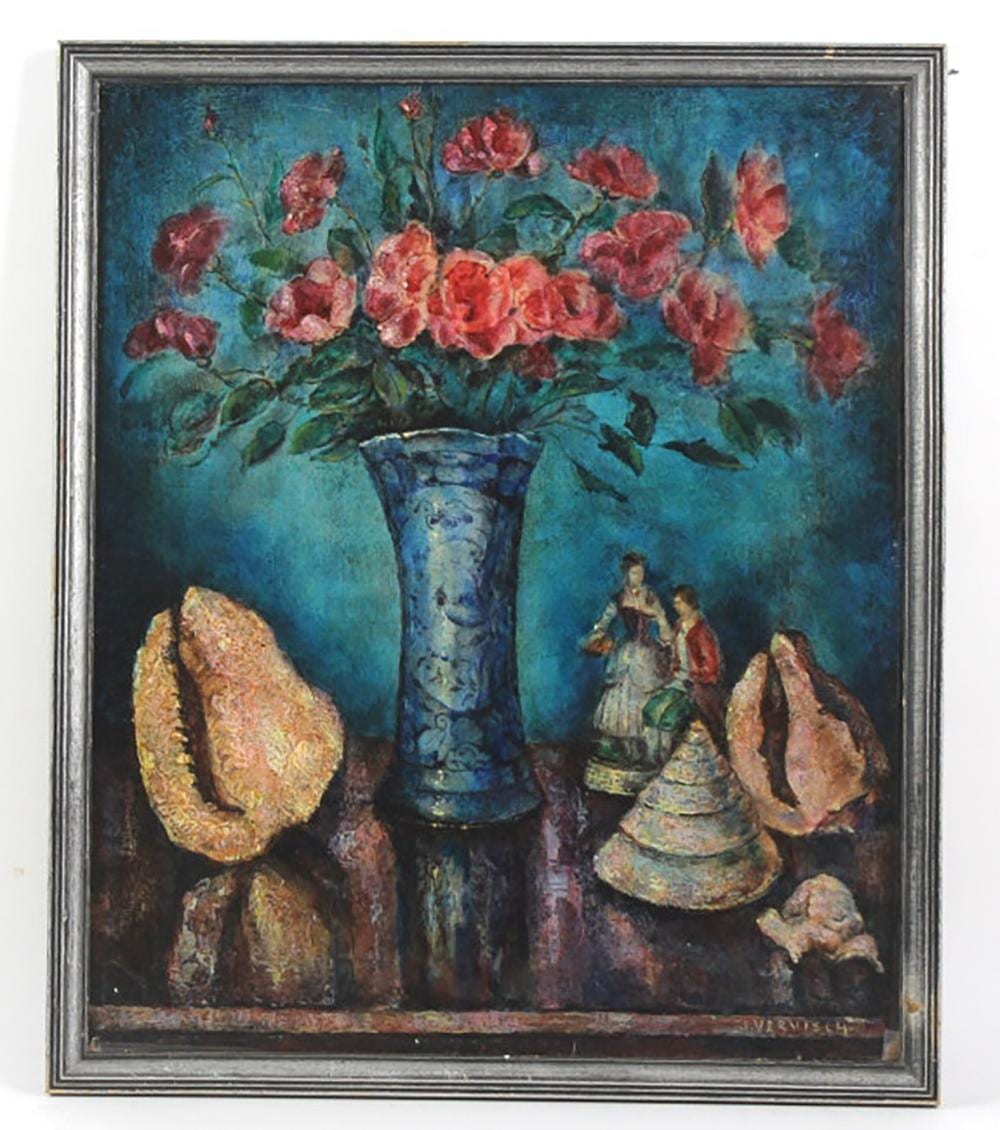 Jean Vervisch comparable auction result: modern still life floral oil painting by jean vervisch