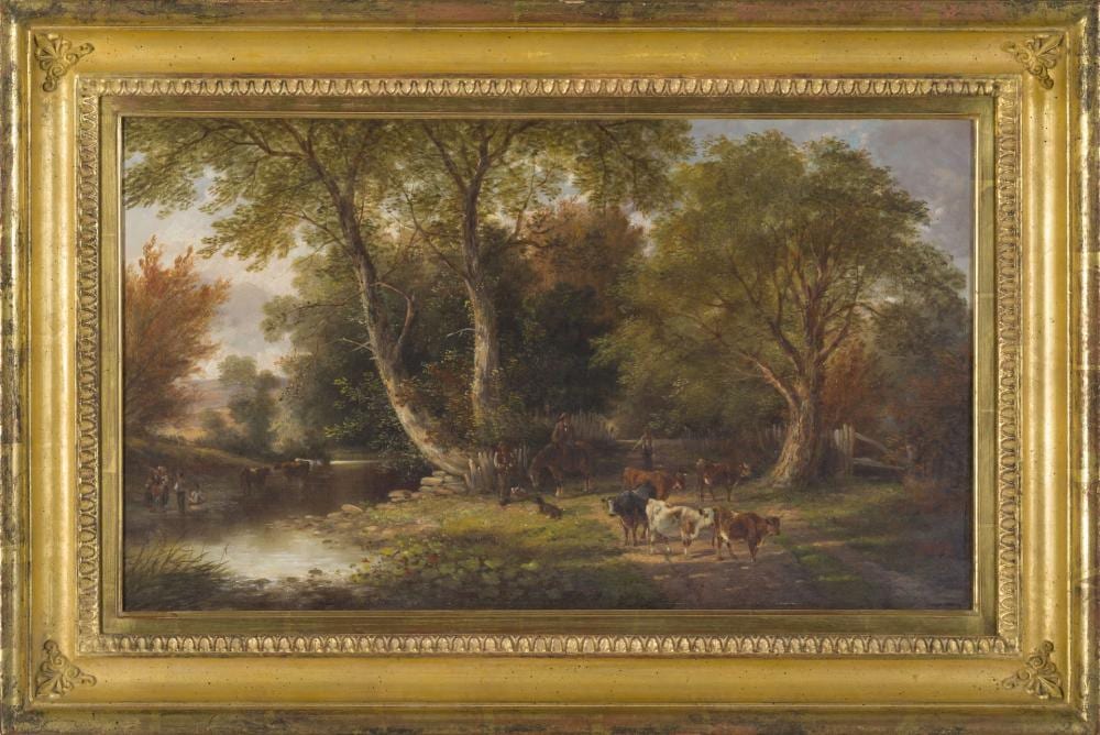 Edmund Aylburton Willis comparable auction result: edmund aylburton willis american 1808 1899 landscape with figures and cows watering at a stream