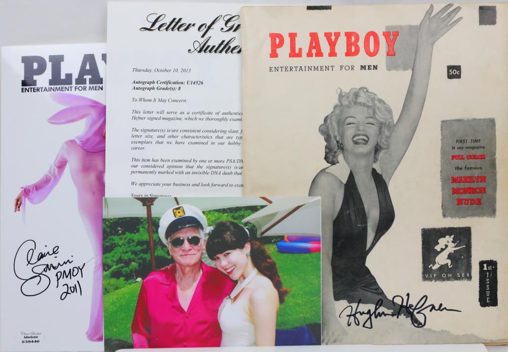 Playboy magazine cover and related papers showing the word PLAYBOY and a black-and-white Marilyn Monroe-style illustration, plus signed photograph.