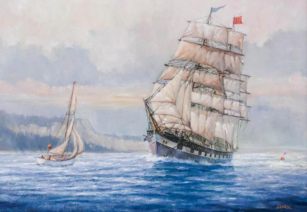 Sandy Clark (1941-2010 Canadian) ''The Wavertree'' 1974 Oil on Canvas 24''x34'' Image. A maritime painting of a schooner sailing ship. Signed l.r. Framed 30''x40''. Excellent condition. sold by MBA Seattle Auction LLC, lot 344 — auction record photograph