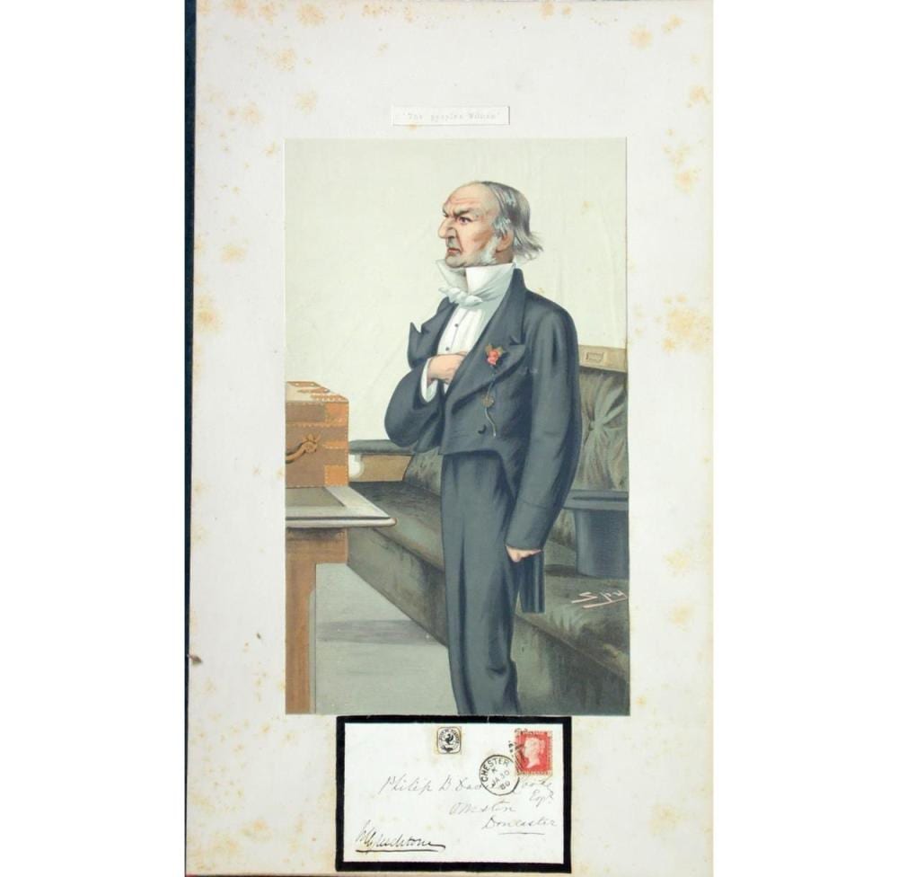 Victorian Scrapbook Collection of Original Autographs,Footnotes with Spy,Vanity Fair Spy,Watercolour Cartoon of : William Gladstone,Dr Charles John Vaughan,Sir Tatton Sykes,James Lowther M.P.,Mr Christopher Sykes M.P.,Mr Henry Cecil Rakes M.P.Lord Wharncliffe Etc. sold by Cooper Barrington LLP, lot 104 — auction record photograph