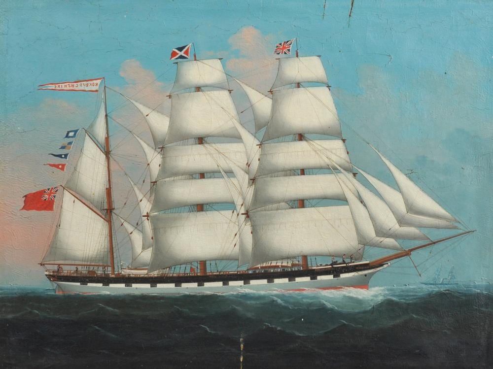 Lai Fong comparable auction result: lai fong act c 1870 c1910 chinese roxburghshire a three masted sailing ship oil on canvas inscribed on the boat and flag 18 x 23 5