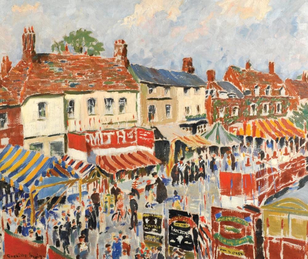 Greville Irwin comparable auction result: greville irwin 1893 1947 british beaconsfield fair figures and stalls along a high street oil on board signed and inscribed on reverse 20 x 24